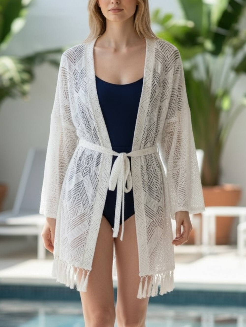 NWT Empress Brasil White Lace Swim BOUTIQUE Coverup Fringe Kimono one size